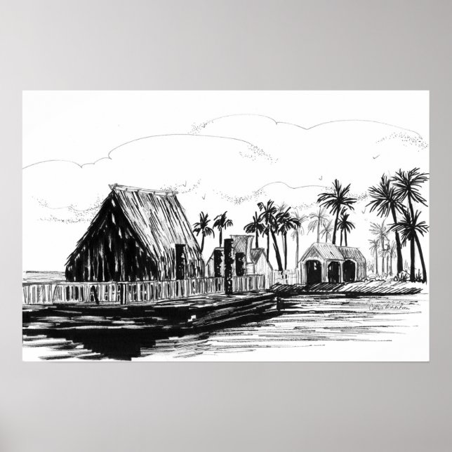 Póster Cabañas de Isla Tropical Palmeras Totems (Frente)