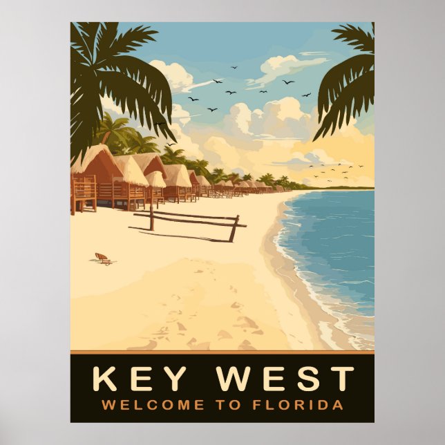 Póster Cabañas de playa en Key West, Florida, viajes vint (Frente)
