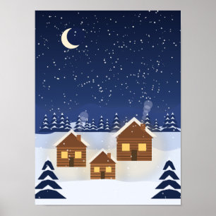 Póster Cabañas nevadas bajo una noche estrellada