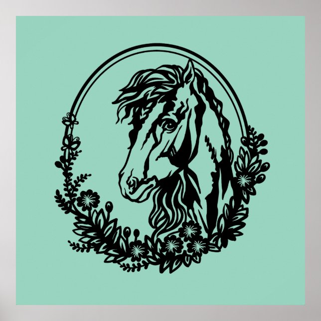 Póster Cabeza de caballo con flores (Frente)