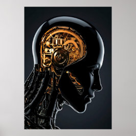 Póster Cabeza de Ciborg Negro Cerebro Mecánico Dorado Fut