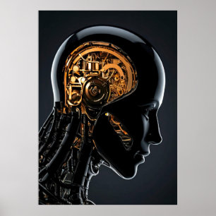 Póster Cabeza de Ciborg Negro Cerebro Mecánico Dorado Fut