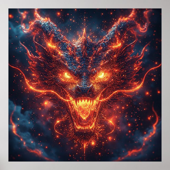 Póster Cabeza de Dragón Ardiente que Irradia Energía Inte (Frente)