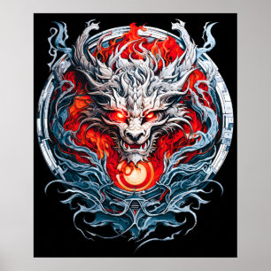 Póster Cabeza de dragón mítica de la llama roja de fuego