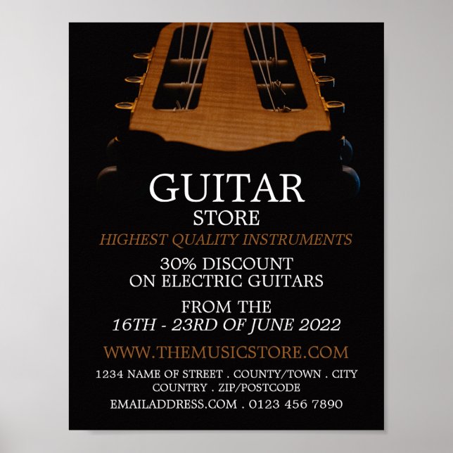 Póster Cabeza de guitarra, almacén de instrumentos musica (Frente)