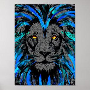 Póster Cabeza de León Azul - Retrato de León - Cara de Le