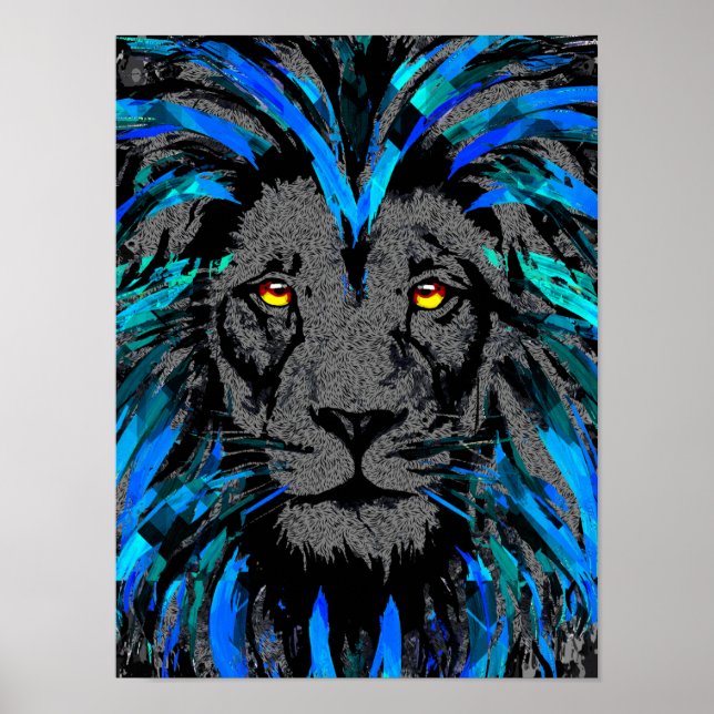Póster Cabeza de León Azul - Retrato de León - Cara de Le (Frente)