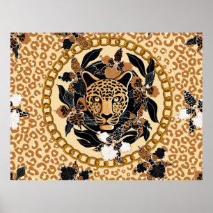 Póster cabeza de leopardo rodeada de orquídeas, cadena do