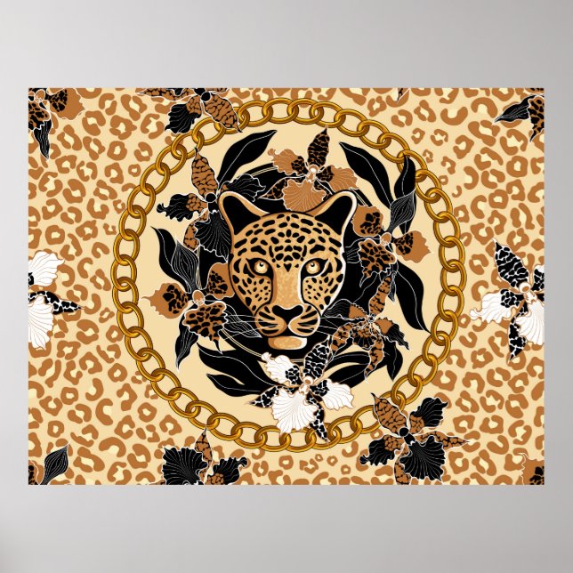 Póster cabeza de leopardo rodeada de orquídeas, cadena do (Frente)