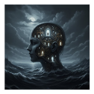Póster Cabeza de mujer surrealista con habitaciones emerg