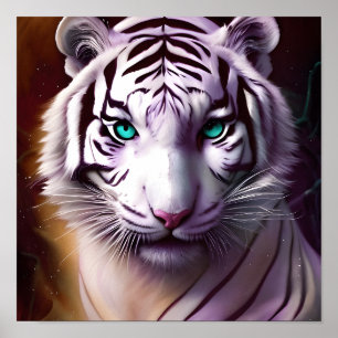 Póster Cabeza de tigre blanco con ojos mesmerizadores