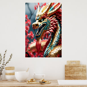 Póster Cabeza dorada del dragón respirando fuego