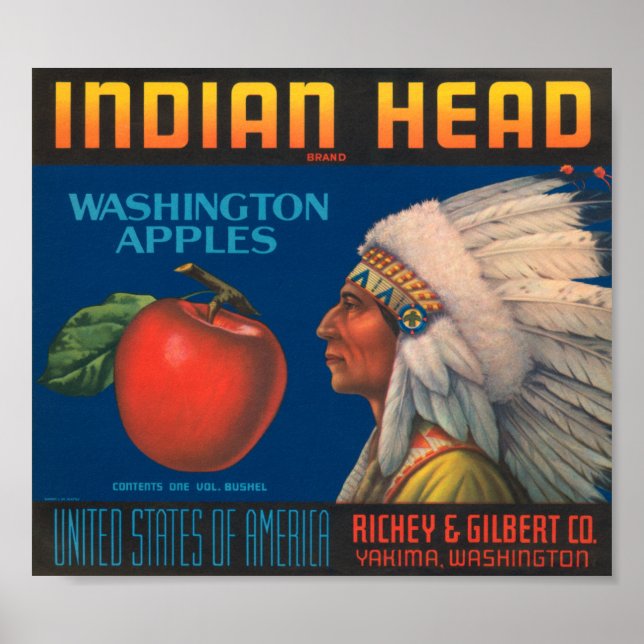 Póster Cabeza india Washington Apples Etiqueta de tasa de (Frente)