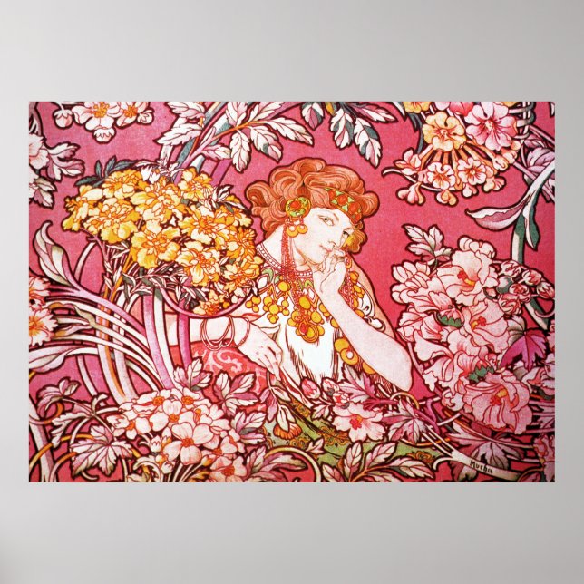 Póster Cabeza roja entre flores, Alphonse Mucha (Frente)