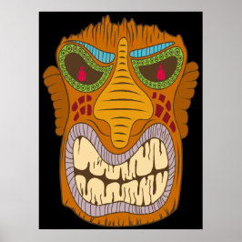 Póster Cabeza Tiki Loca con Llamas en sus Ojos, Negro