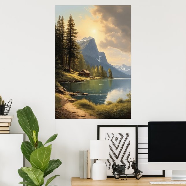 Póster cabin frente a un lago cerca de las montañas (Oficina en casa)