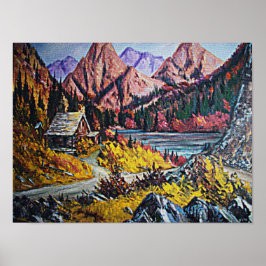 Póster Cabin por el lago montañas pequeño