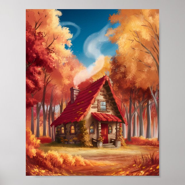 Póster Cabina acogedora en bosque otoñal (Frente)