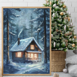 Póster Cabina acogedora enclavada en un bosque de nieve
