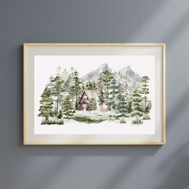Póster Cabina acuarela en bosque de pinos verdes (In situ)