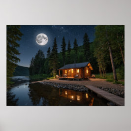 Póster Cabina en el bosque por la noche