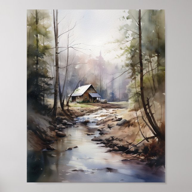 Póster Cabina En La Cabina De Acuarela De Woods Springtim (Frente)