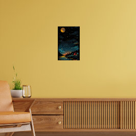 Póster Cabina iluminada por la luna junto al lago - Selva