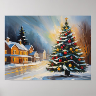 Póster Cabinas de nieve festivas con árbol de Navidad