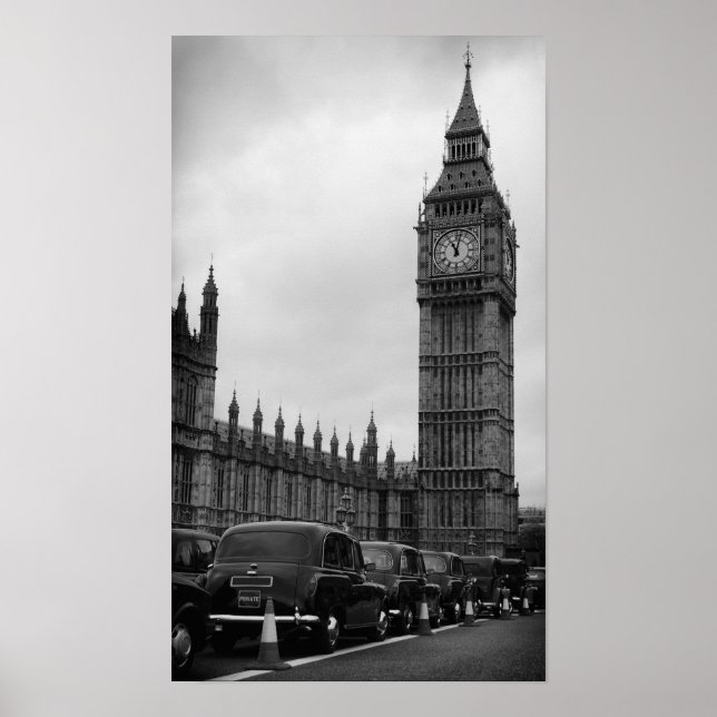 Póster Cabinas de taxi Big Ben en poster blanco y negro (Frente)