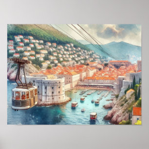Póster Cable Dubrovnik Croacia acuarela