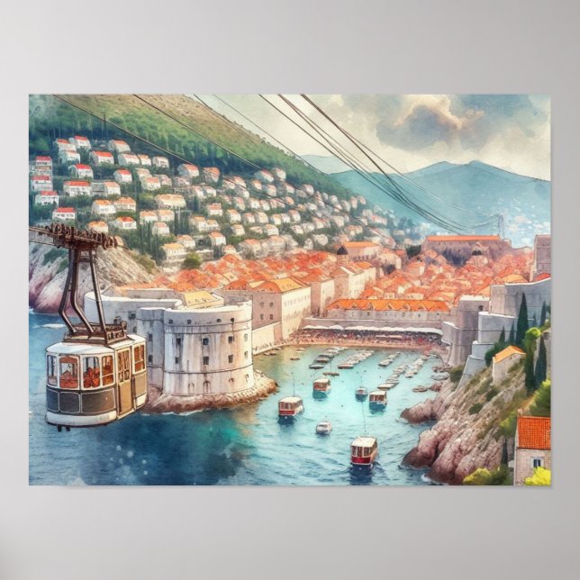Póster Cable Dubrovnik Croacia acuarela (Frente)