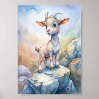 Póster Cabra caprichosa acuarela,Ilustración linda de la