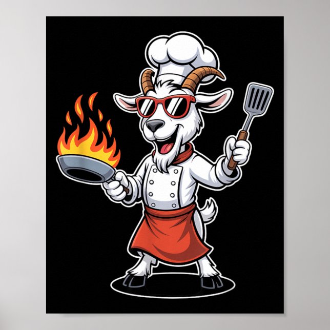 Póster Cabra Chef Divertida Con Sartén Y Espátula Bbq (Frente)