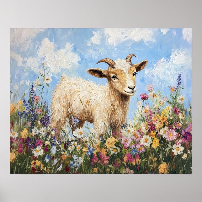 Póster Cabra Cuta Rodeada De Flores Silvestres (Frente)