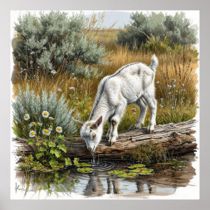 Póster Cabra joven bebiendo agua de un arroyo
