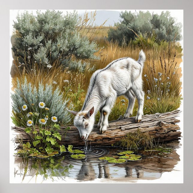 Póster Cabra joven bebiendo agua de un arroyo (Frente)