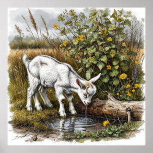 Póster Cabra joven bebiendo agua de un arroyo