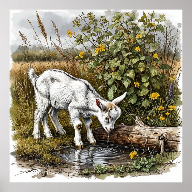 Póster Cabra joven bebiendo agua de un arroyo (Frente)