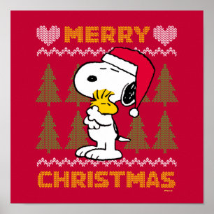 Póster Cacahuetes   Snoopy & Woodstock Santa Claus Hug