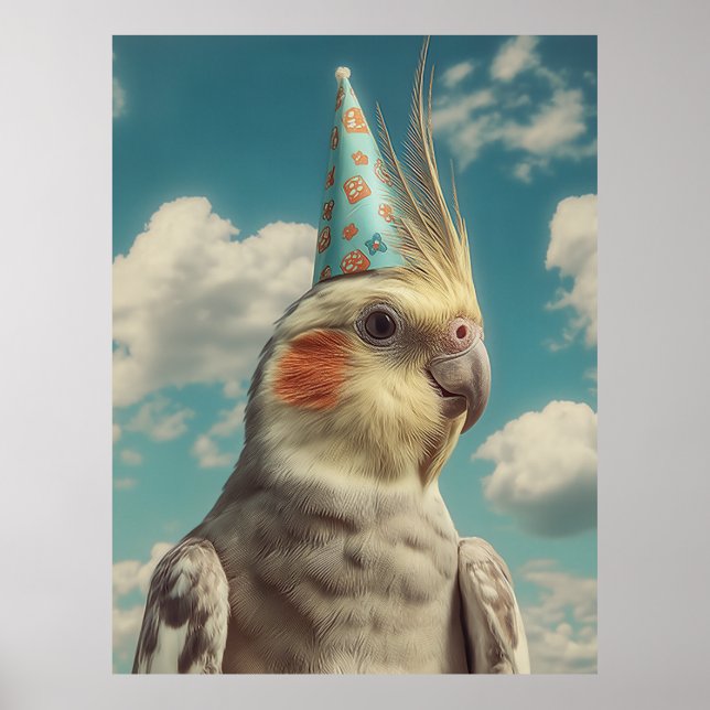 Póster Cacatúa con sombrero de cumpleaños contra cielo az (Frente)