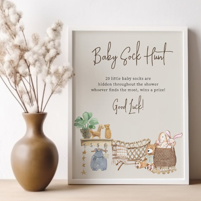 Póster Cacería de ganado Boho Baby Nursery Juego de Baby  (Baby Sock Hunt Baby Shower game sign - printed or digital - from my Boho Baby Nursery Collection)