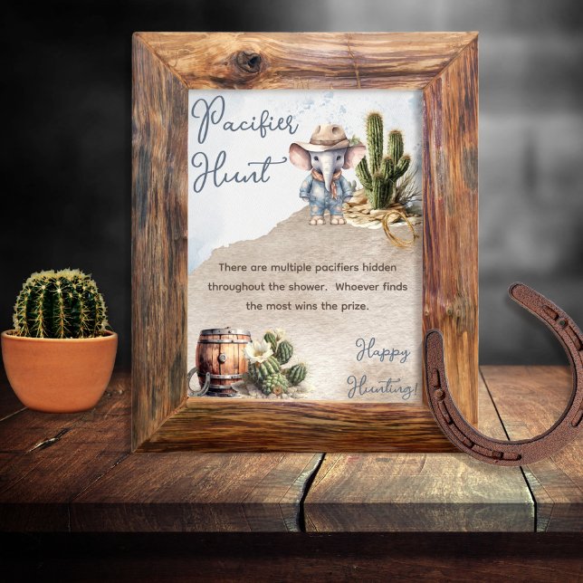 Póster Cacería del Pacificador de Baby Shower Elephant Co (Rustic Western Elephant Cowboy Boy Baby Shower "Pacifier Hunt" Sign --  in print and/or download)