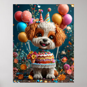 Póster Cachorro Adorable Celebrando Cumpleaños