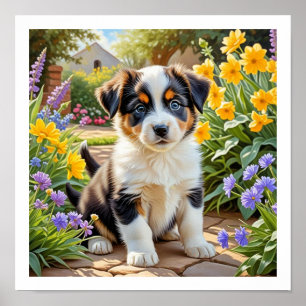 Póster Cachorro Adorable con Flores