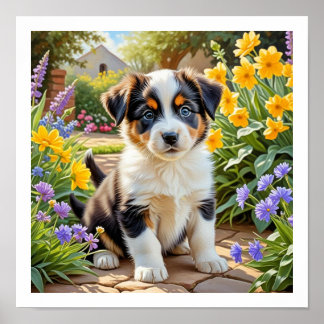Póster Cachorro Adorable con Flores
