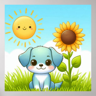 Póster Cachorro Adorable con Girasol y Sol Sonriente