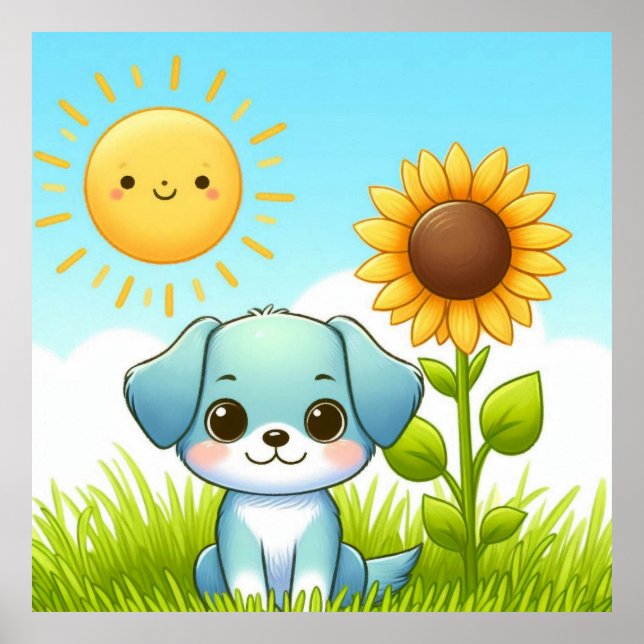 Póster Cachorro Adorable con Girasol y Sol Sonriente (Frente)
