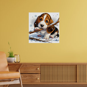 Póster Cachorro Adorable Sosteniendo un Palo Nevado