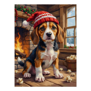 Póster Cachorro Beagle Alegre con Gorro de Media Acogedor