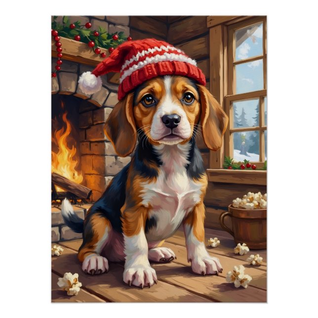 Póster Cachorro Beagle Alegre con Gorro de Media Acogedor (Anverso)